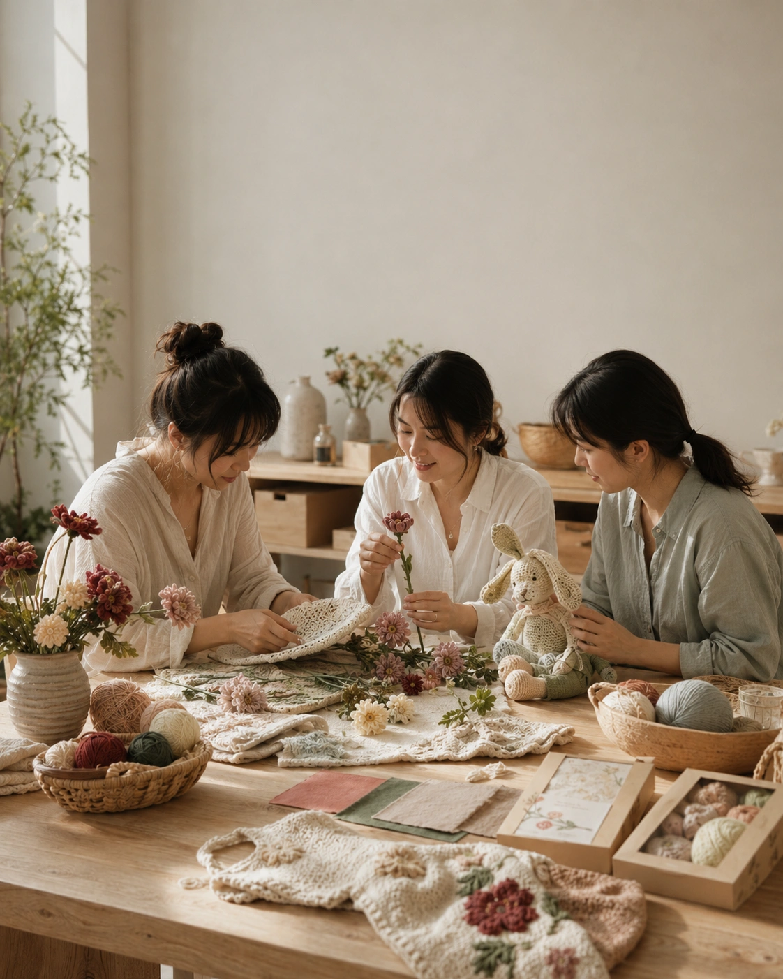 Yes.sister team reviewing handmade crochet products in a warm studio