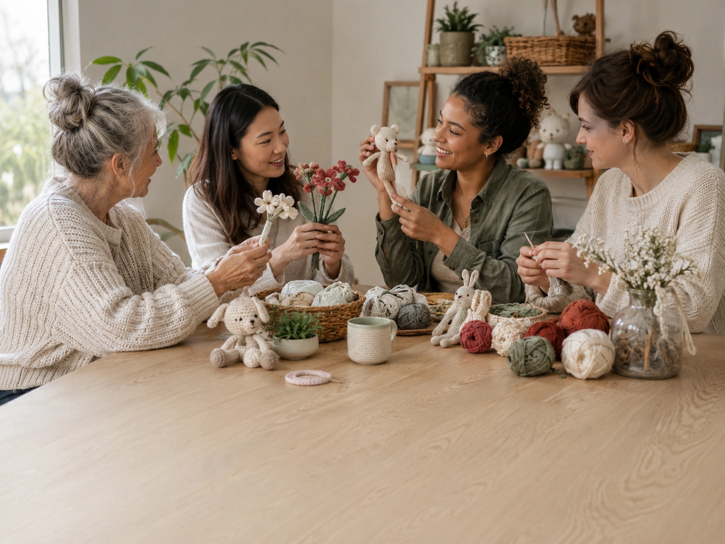 People sharing handmade crochet creations around a warm table