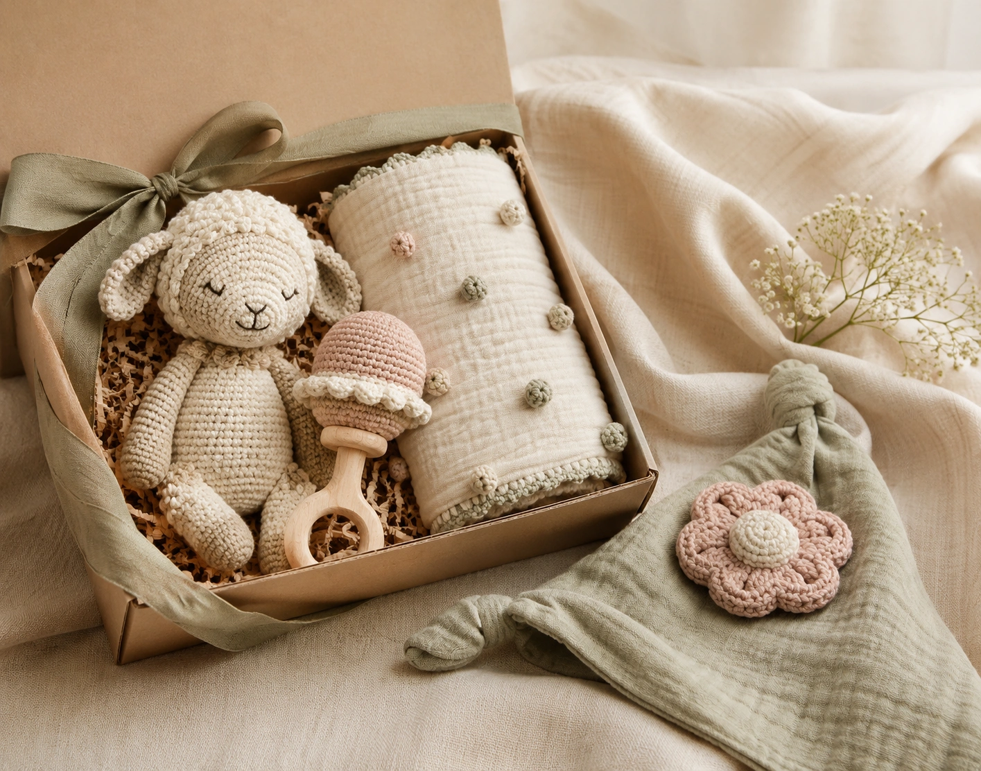 Curated handmade baby gift set with crochet animals and soft accessories