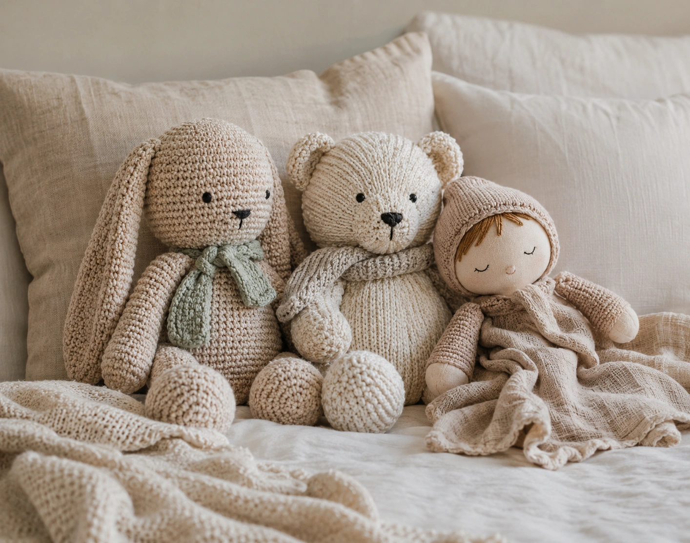 Soft handmade crochet plush companions on a child's bed