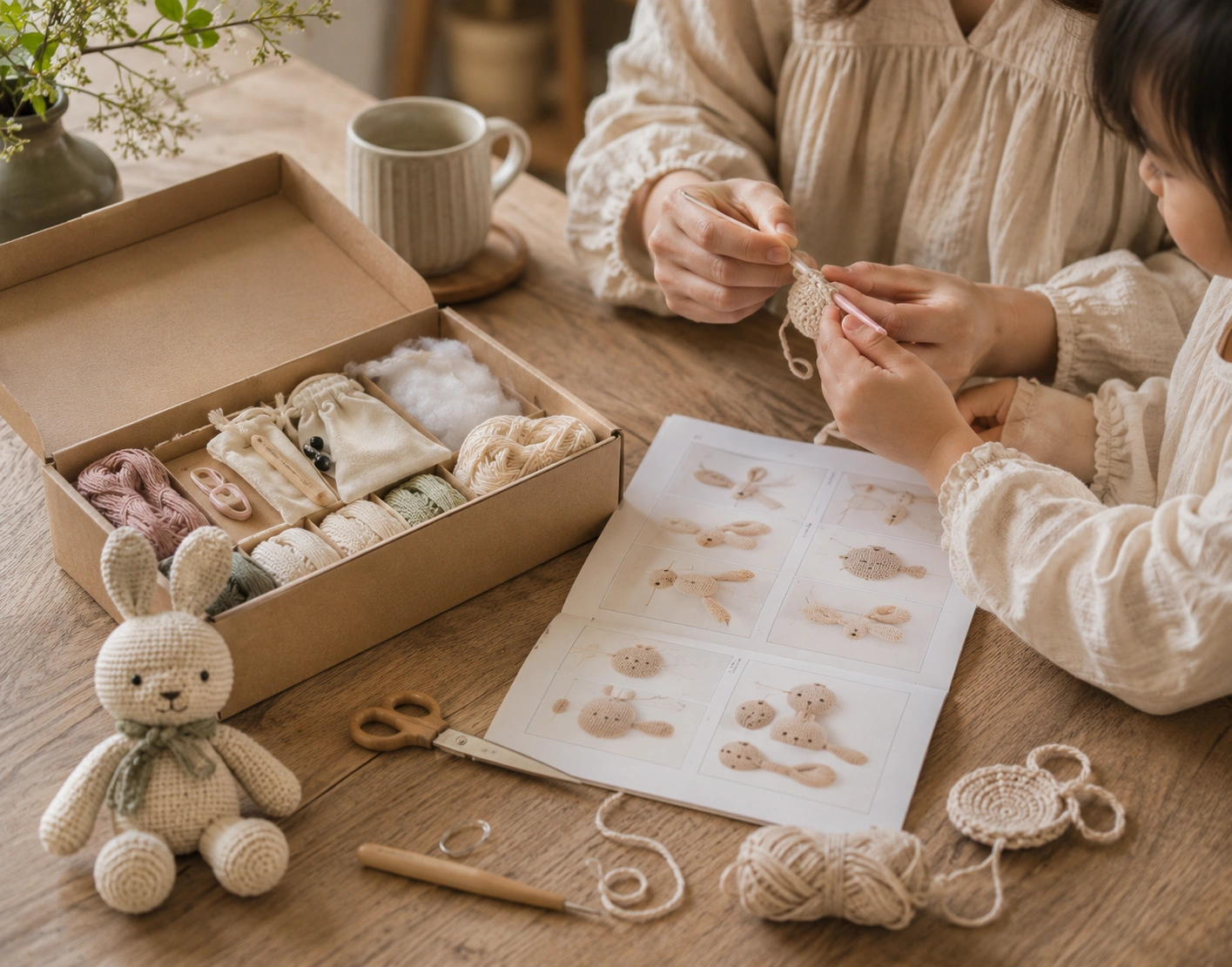 DIY crochet family kit laid out on linen cloth