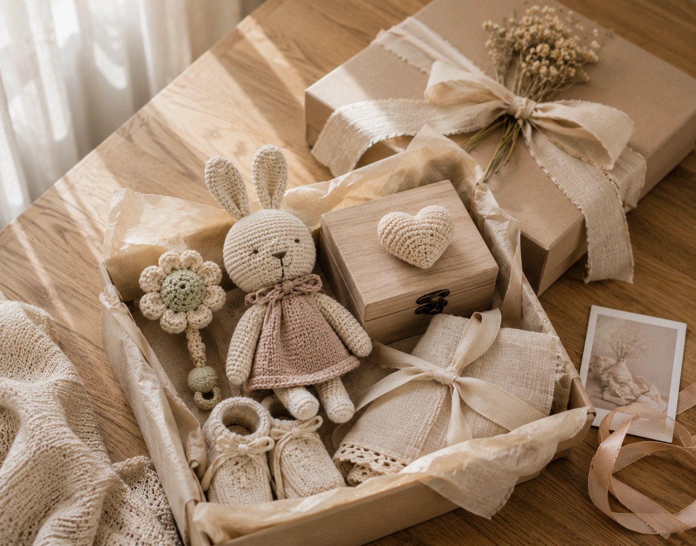 Handmade keepsake gift box with personalised crochet memento
