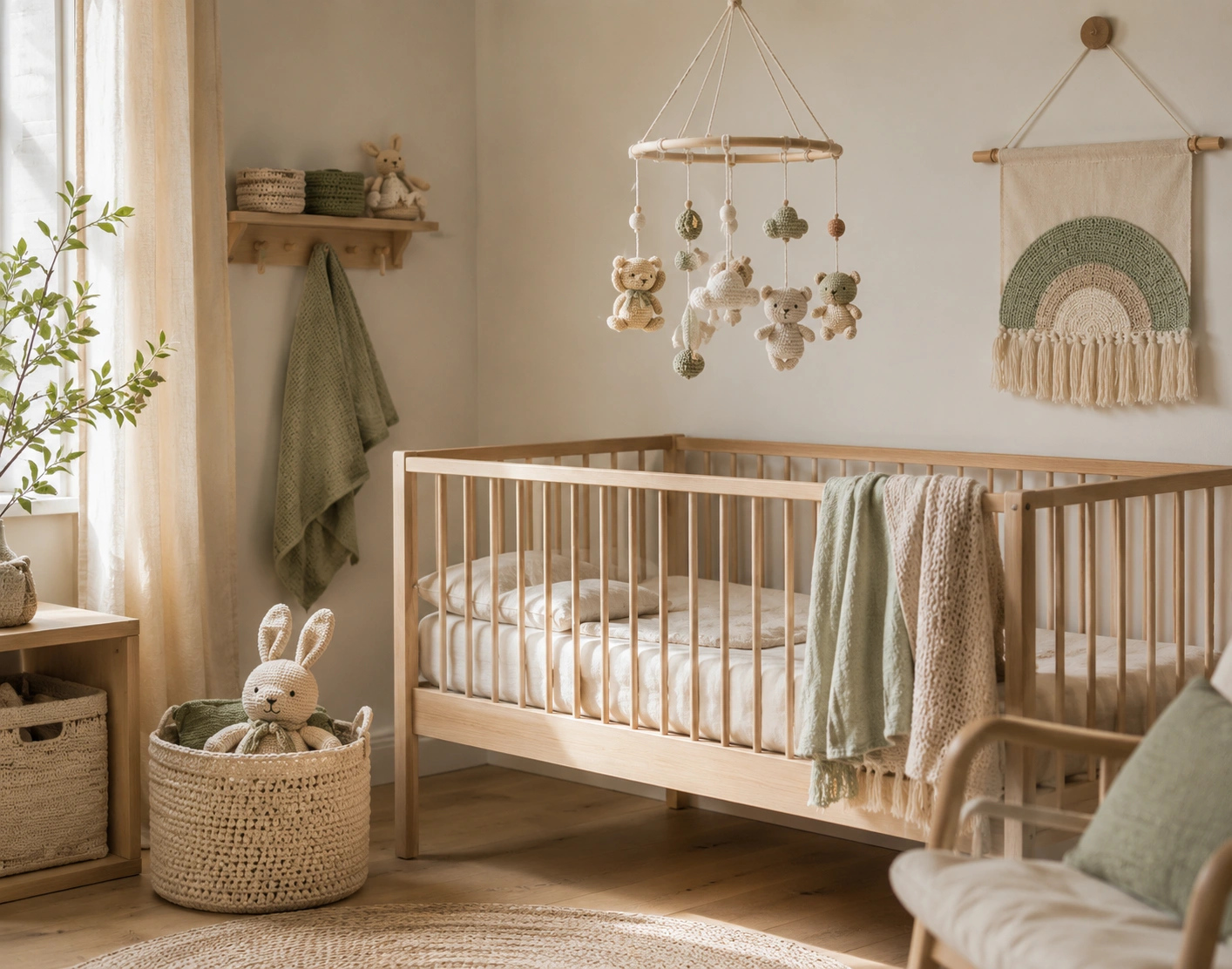 Handmade crochet nursery decorations in a styled nursery
