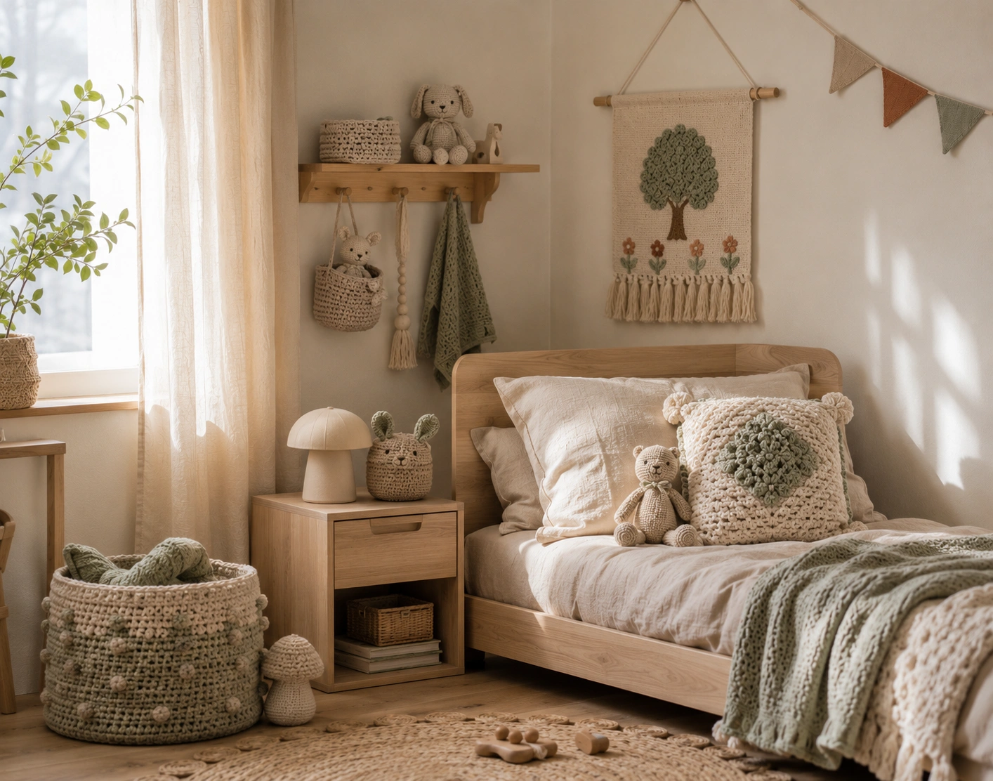 Handmade crochet room accessories in a child's bedroom