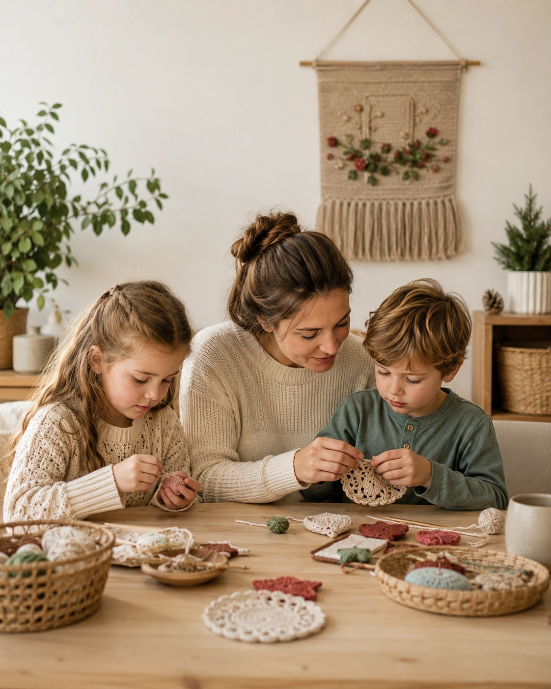 A family creating handmade crafts together at a warm wooden table