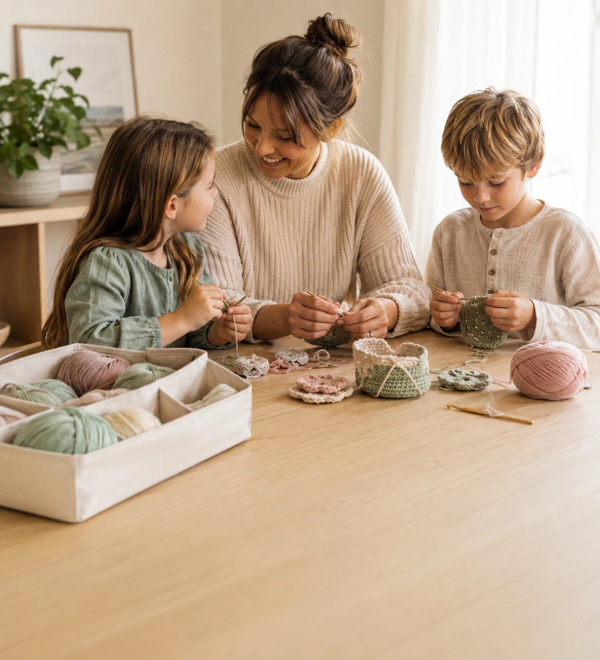 Family creative time with crochet kits
