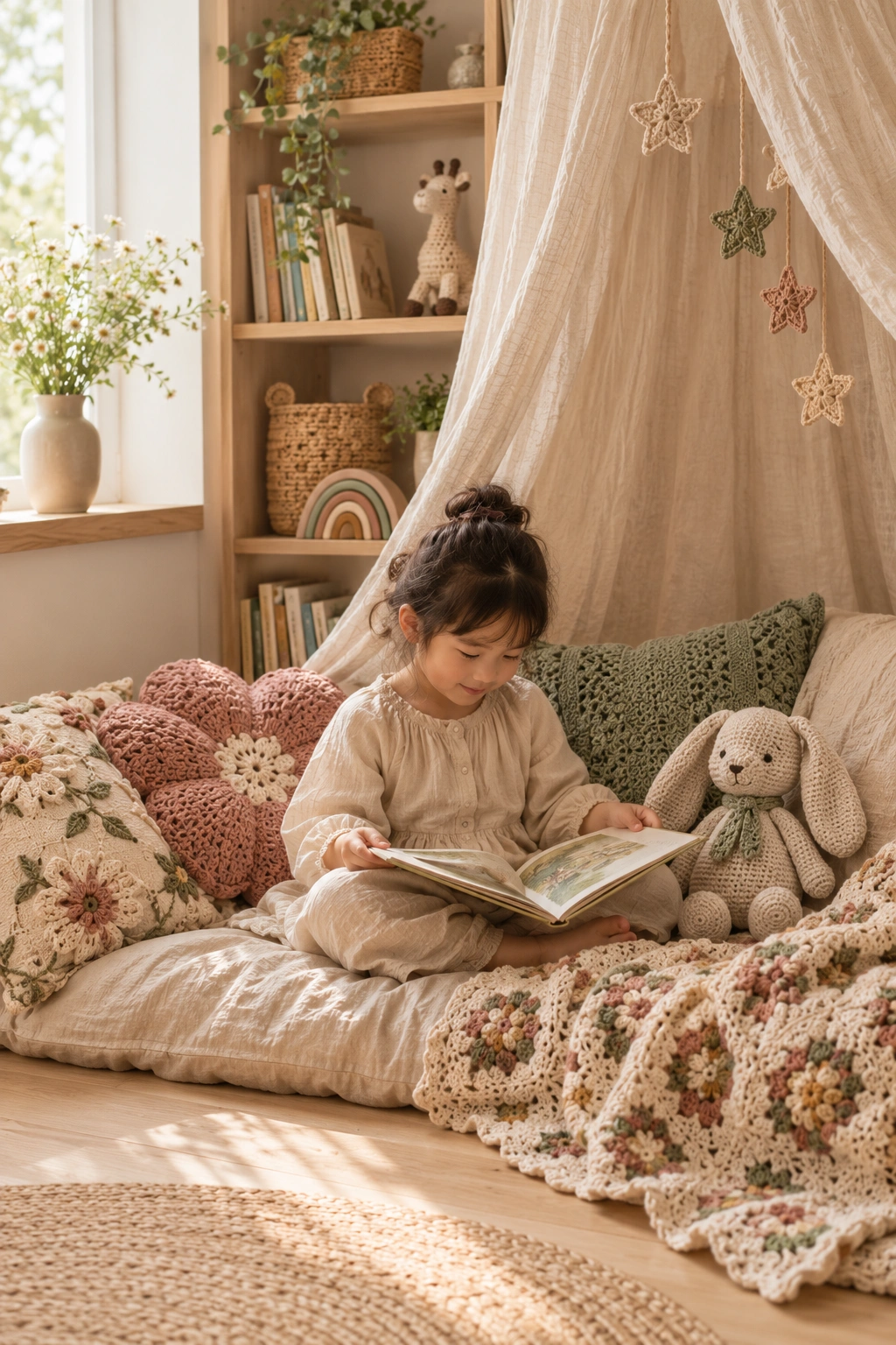 Cosy reading nook with handmade cushions and crochet soft toys