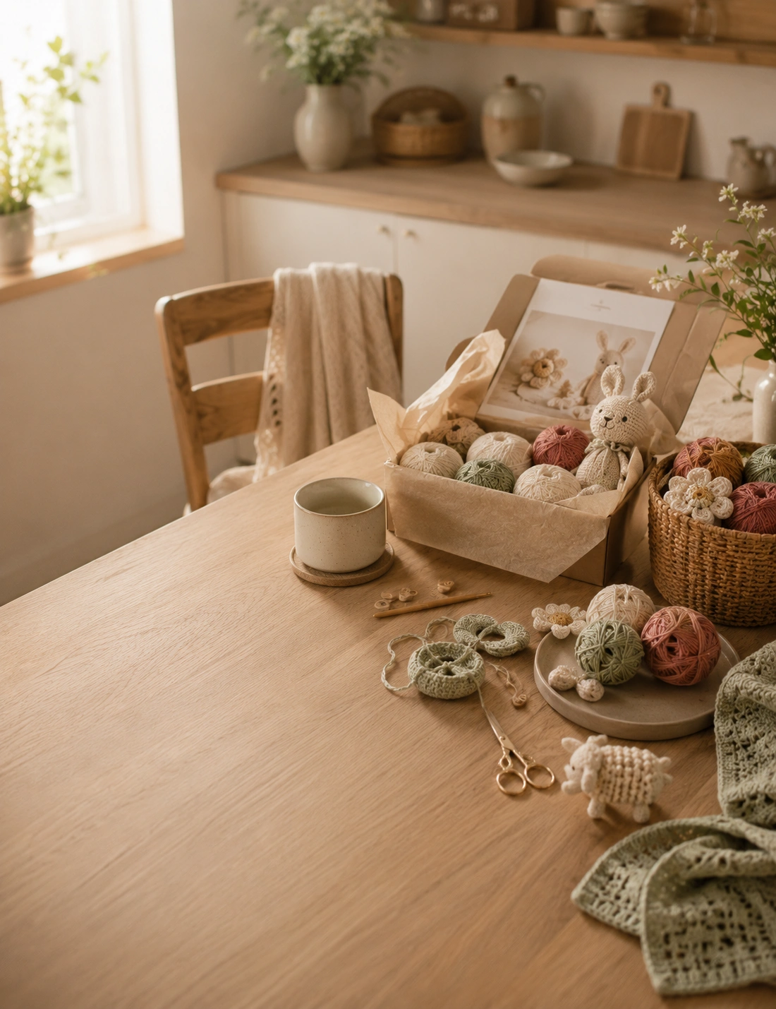 Weekend DIY crochet project setup on a kitchen table