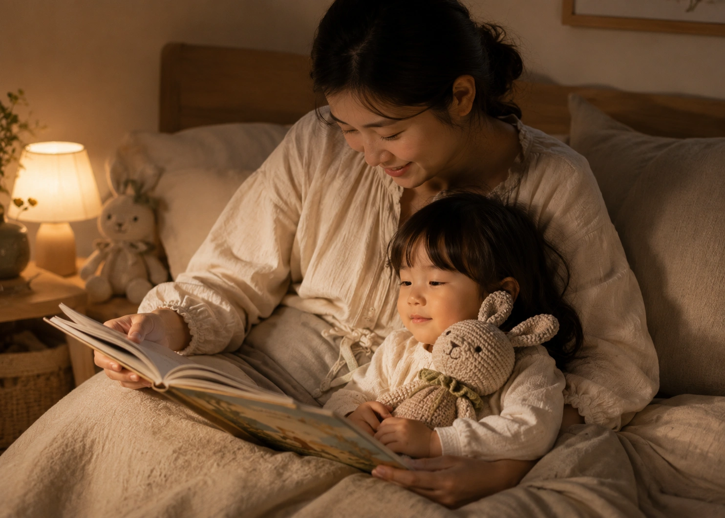 Parent reading bedtime story to child surrounded by handmade toys