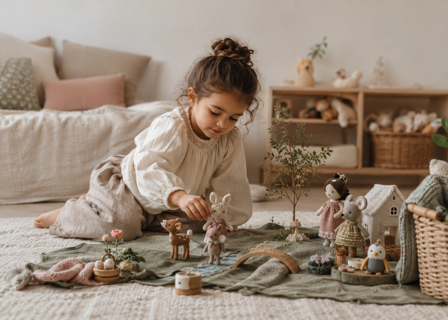 Child playing imaginatively with handmade crochet toys