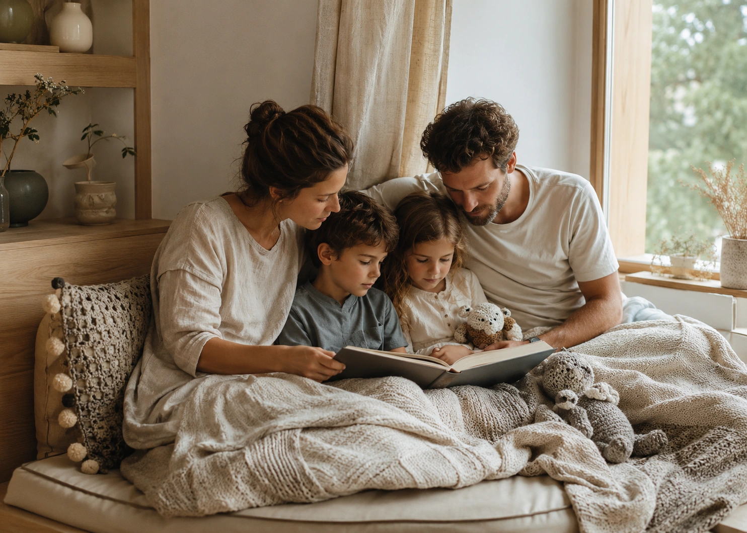Family reading together with handmade cushions and soft toys