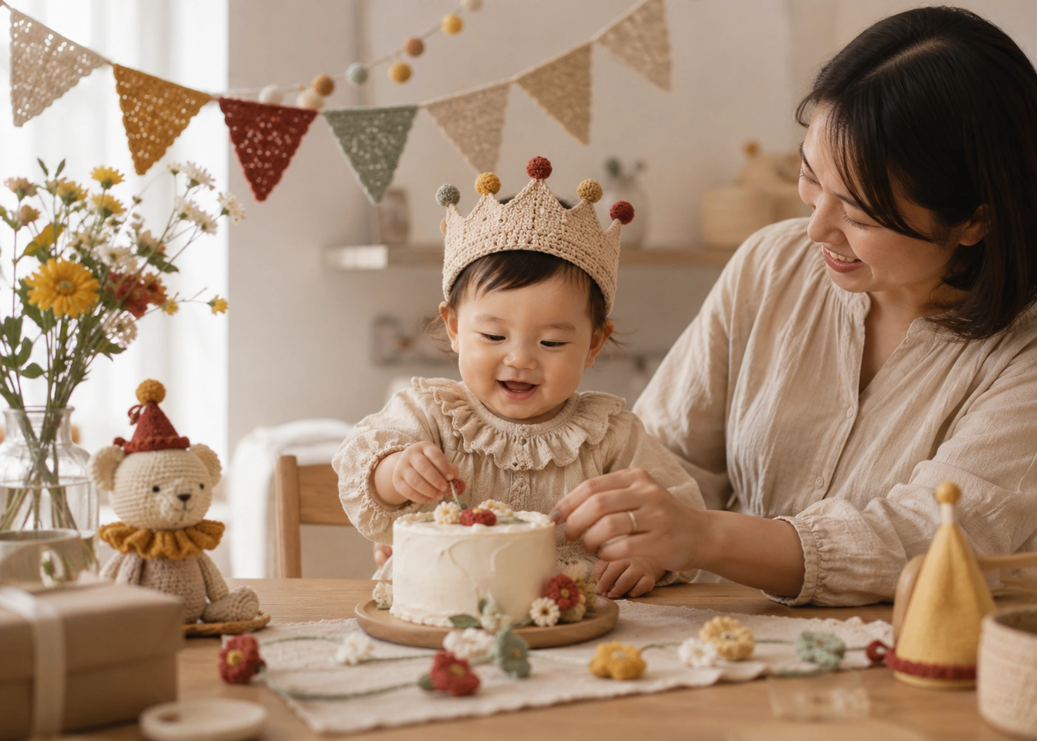Child's first birthday celebration with handmade crochet decorations