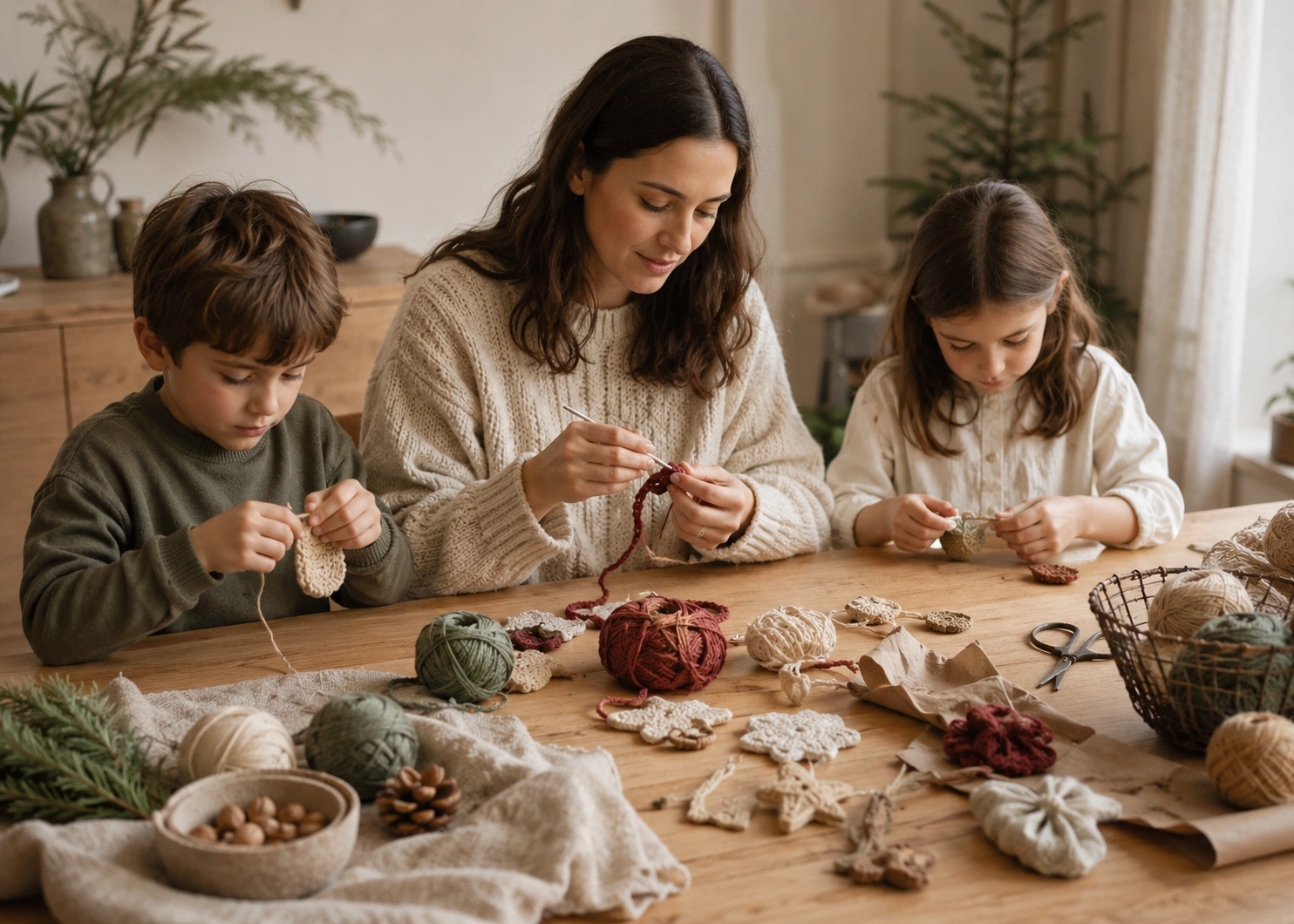 Family making handmade holiday decorations together