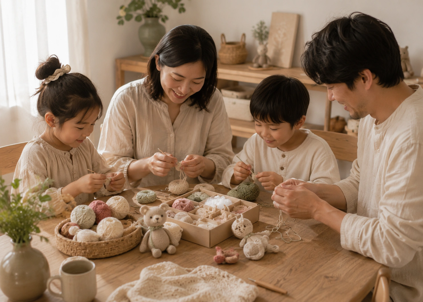 Family doing a weekend DIY crochet project together