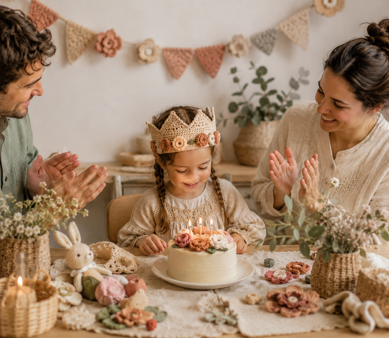 Handmade birthday decoration with crochet flowers on a celebration table