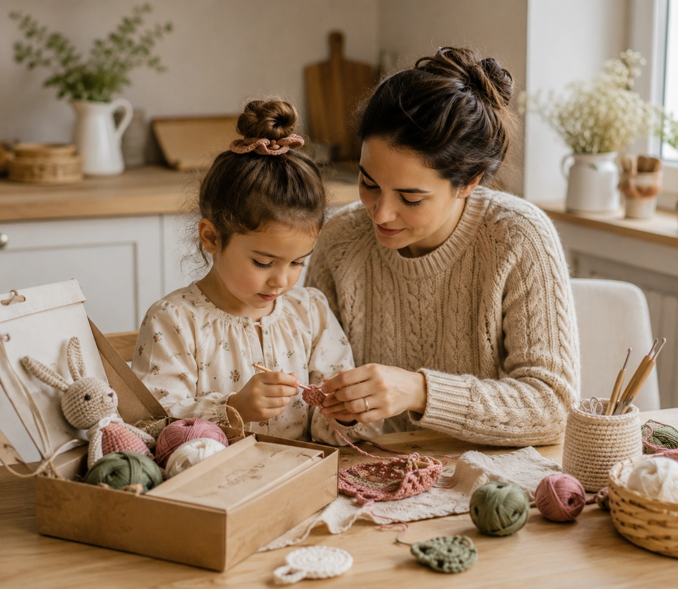 Parent and child crafting together at a kitchen table