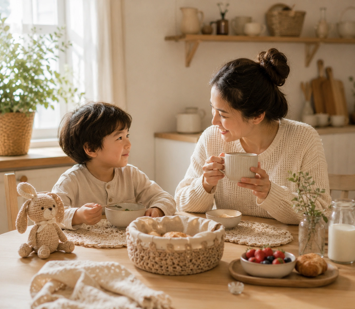Family morning routine with handmade home décor