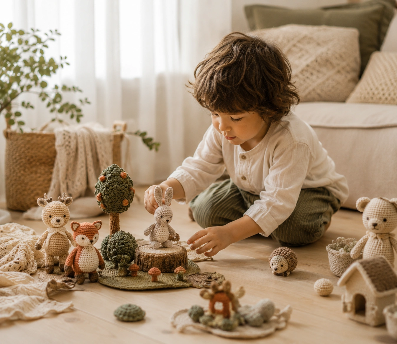 Child playing with handmade crochet toys on a wooden floor