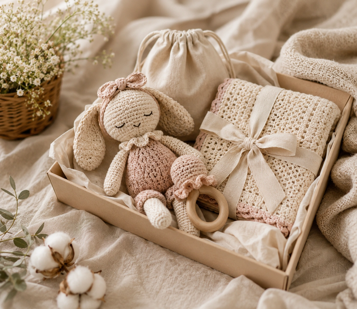 Soft handmade newborn gift set on a linen blanket