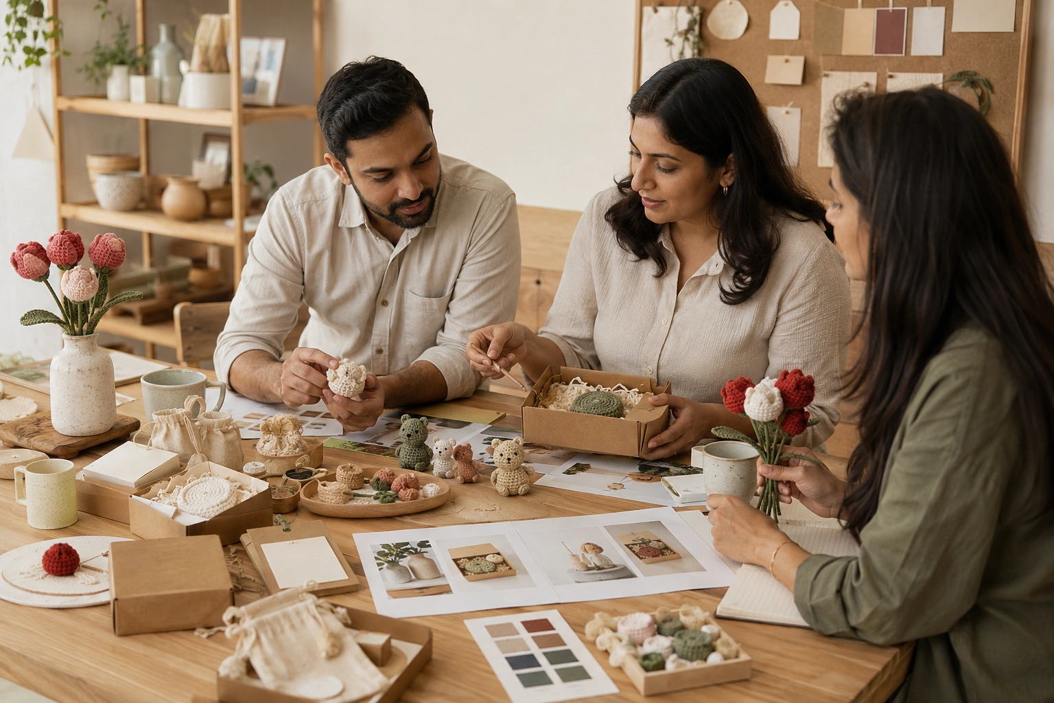 Corporate gift team preparing handmade branded gifts