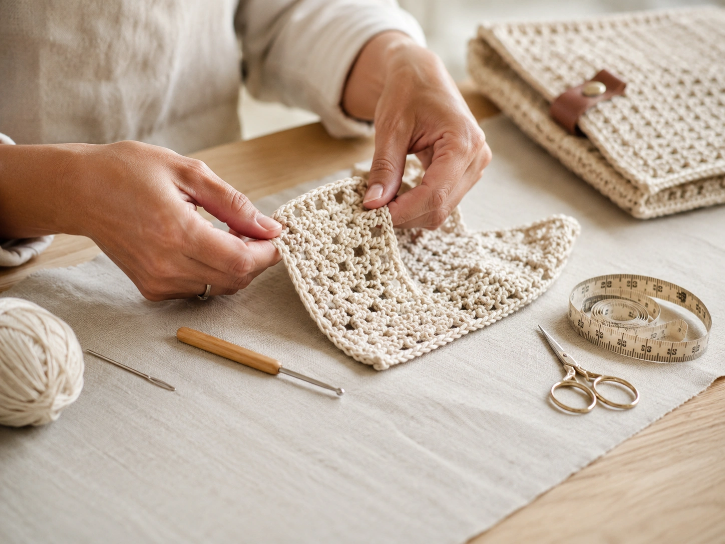 Artisan hands carefully crafting a handmade crochet product