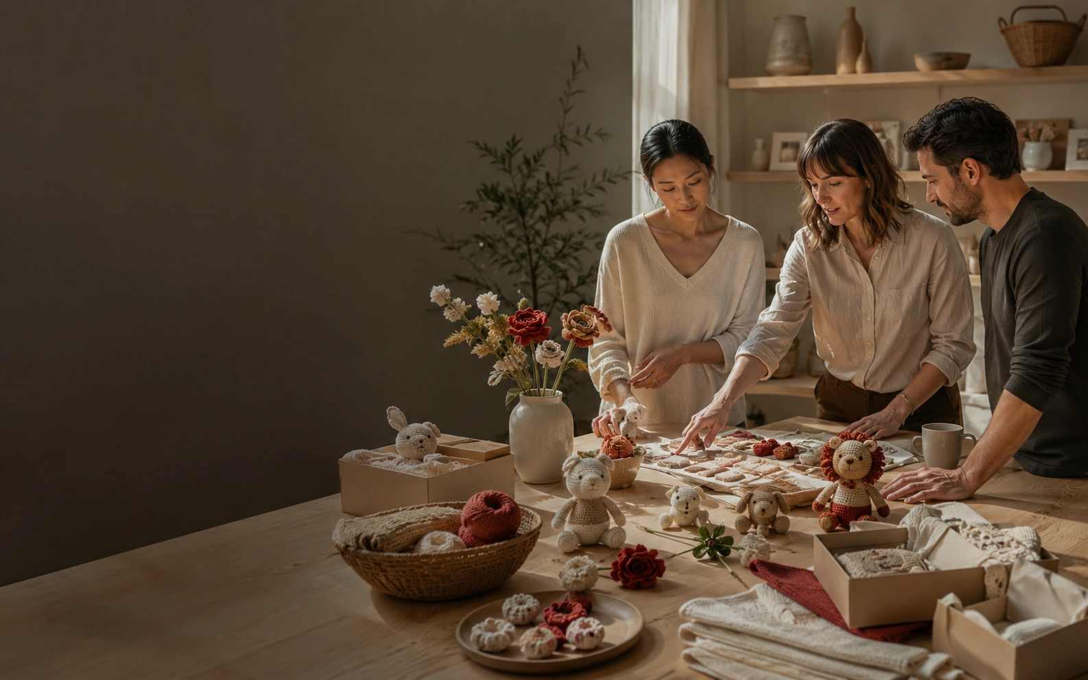 Retail partners reviewing handmade lifestyle products on an oak table