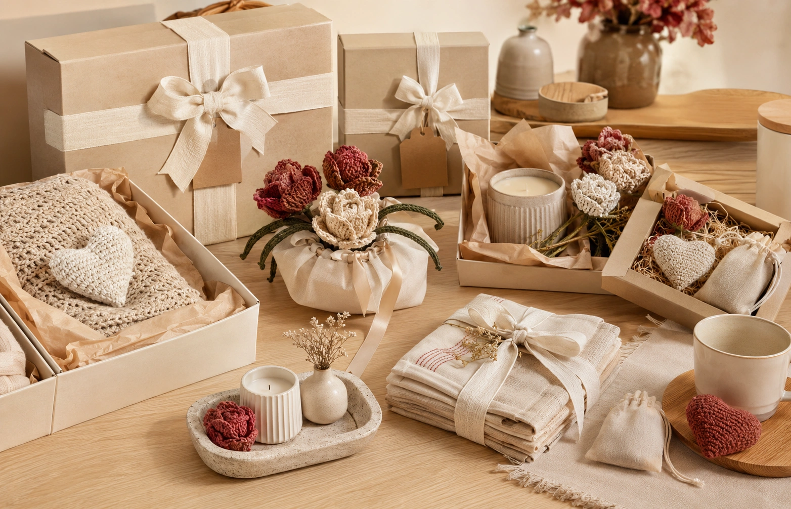Beautiful handmade corporate gift box with crochet flowers and ribbon
