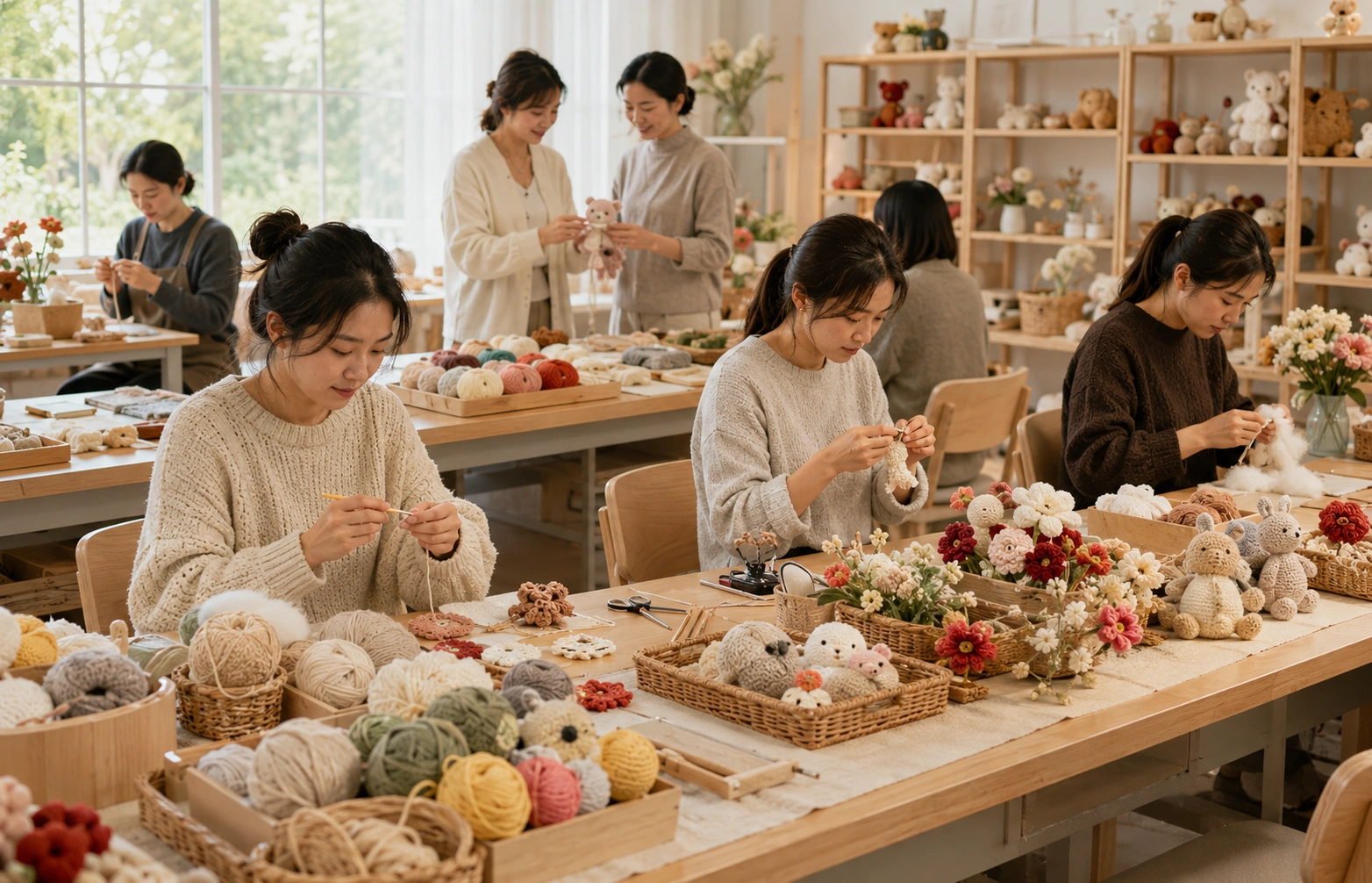 Artisans handcrafting crochet products in a bright workshop