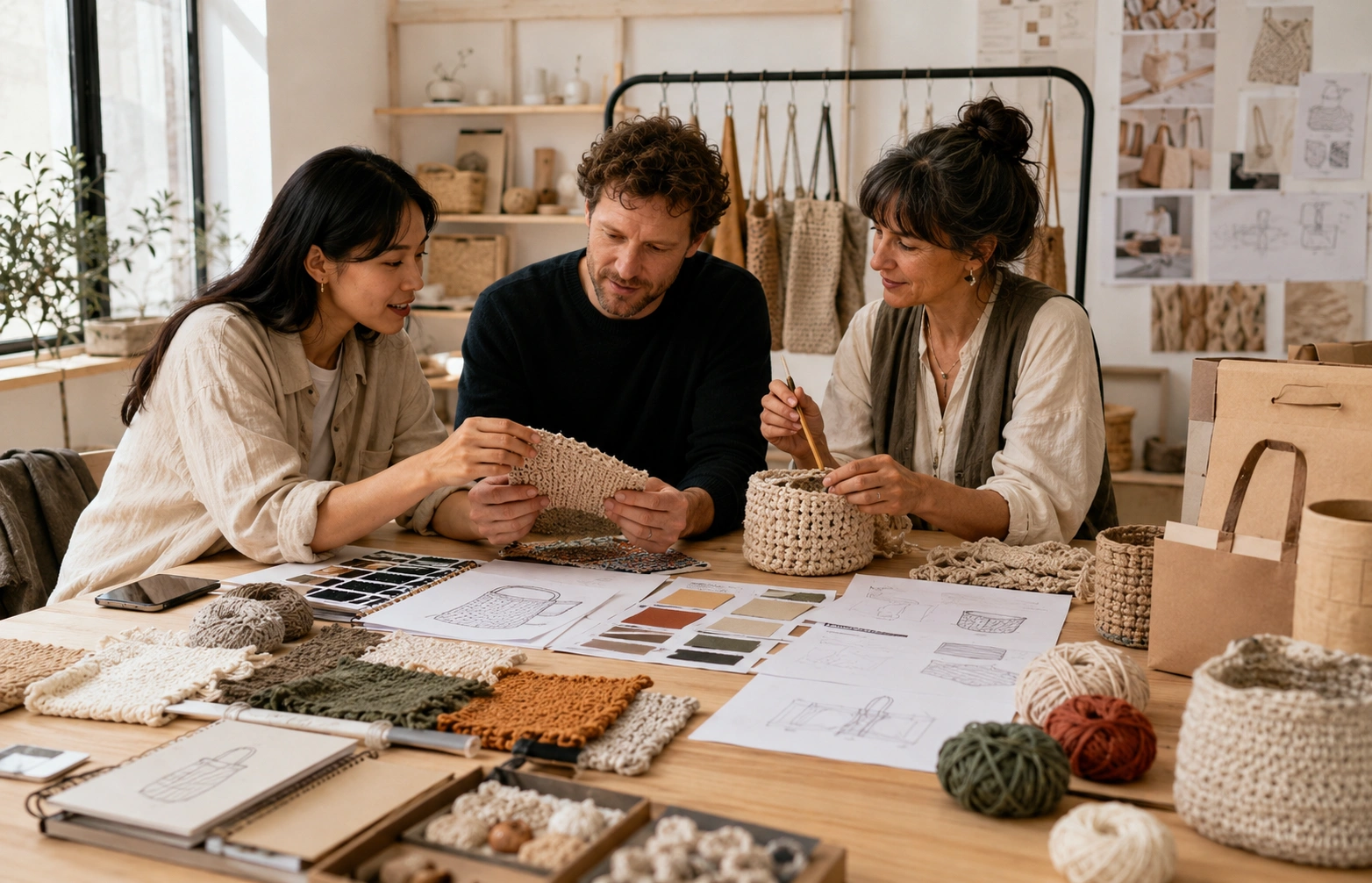 Designer and artisan reviewing custom handmade product samples