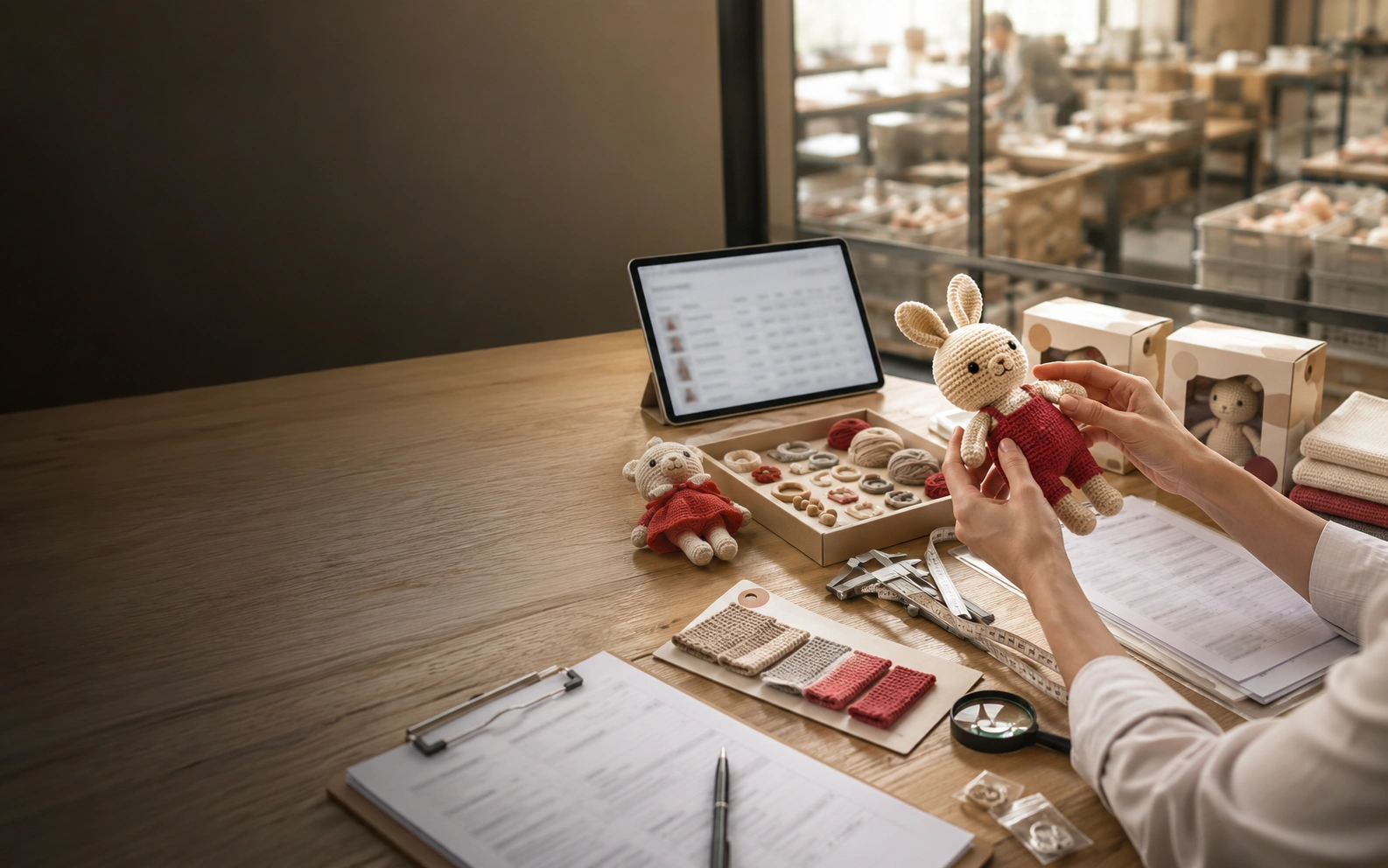 Certification documents and handmade product samples on a warm oak table