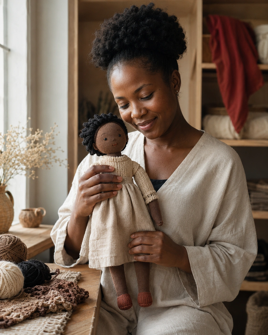 Creator holding a handmade plush doll
