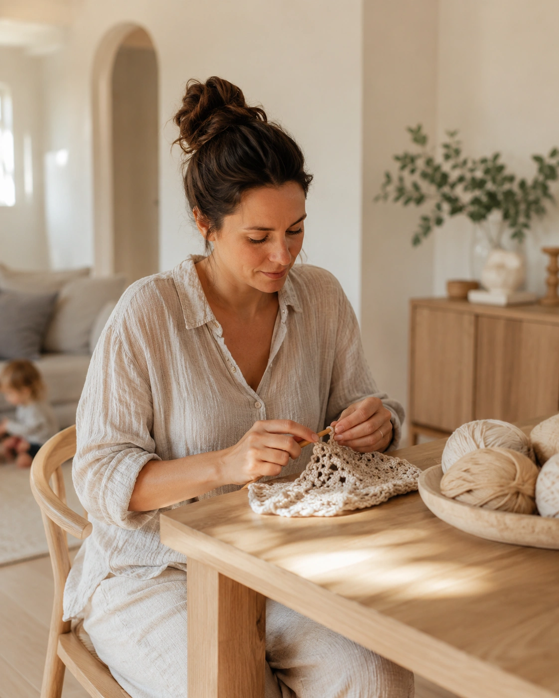 Creator crocheting at a wooden table