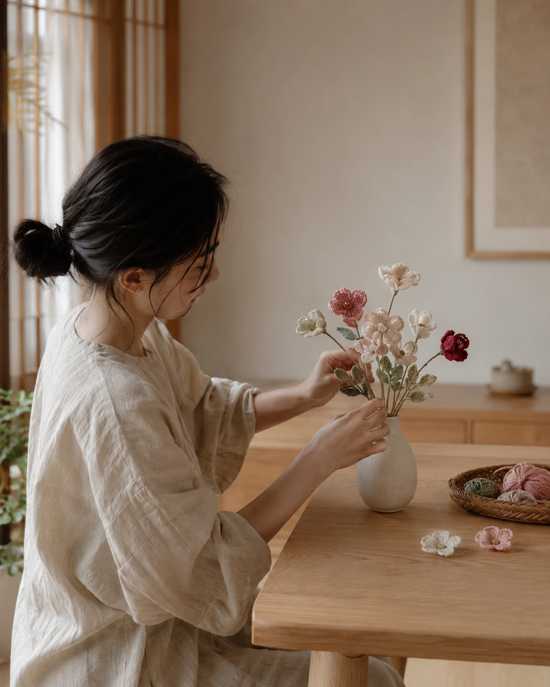 Creator arranging crochet flowers