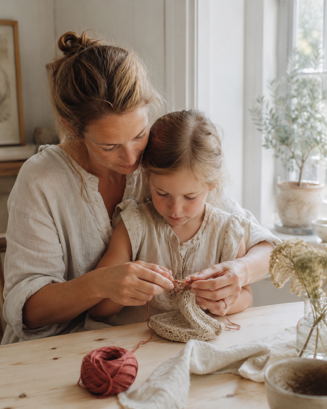 Mother teaching her daughter to crochet