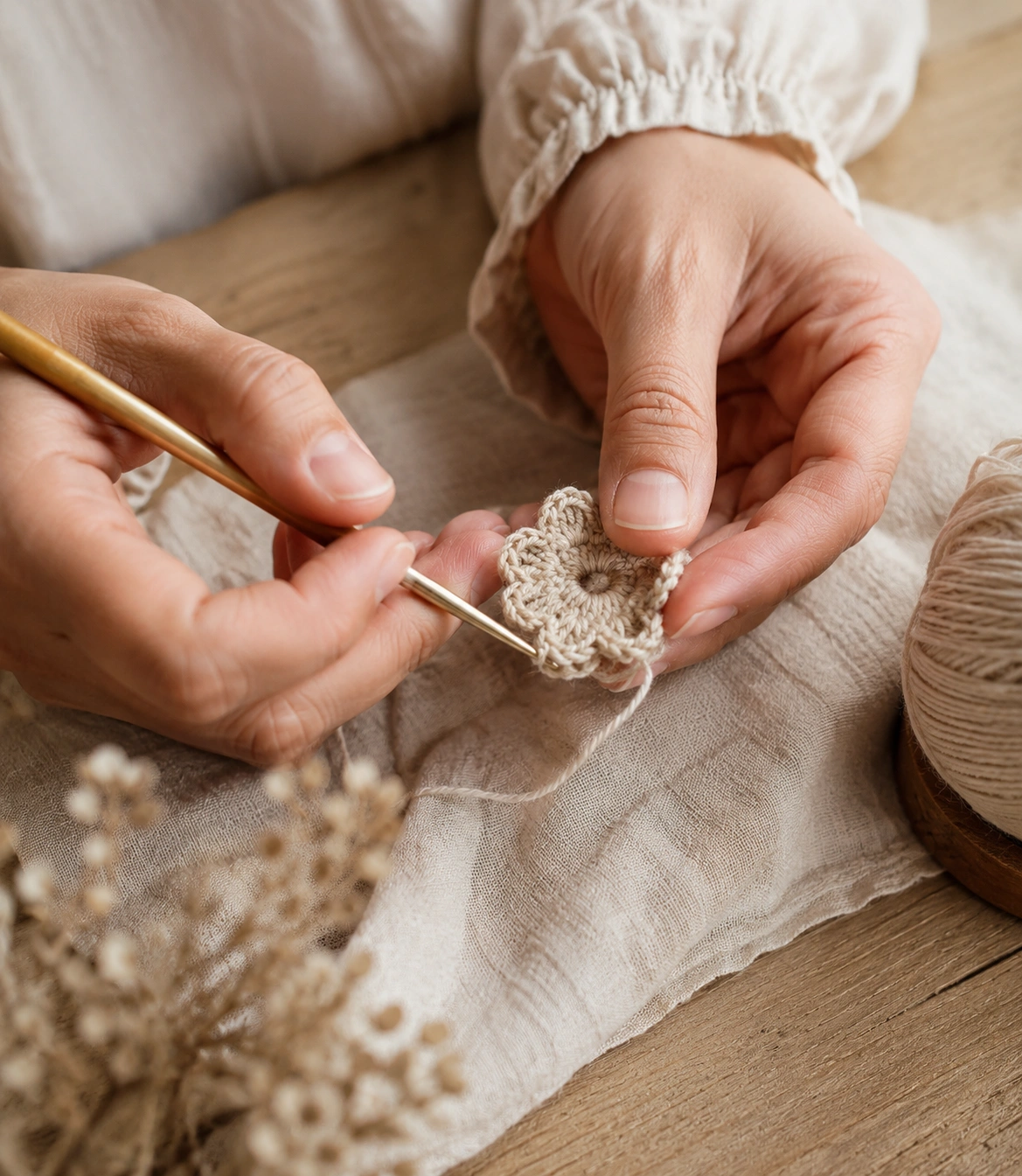 Hands making crochet flower