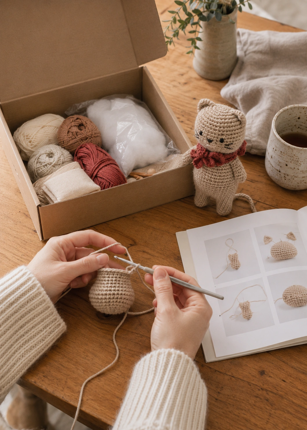 DIY crochet kit on wooden table