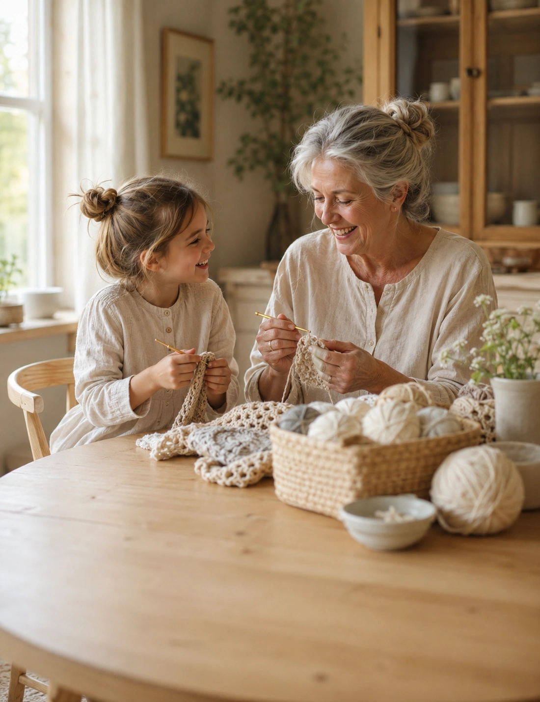 Family crocheting together