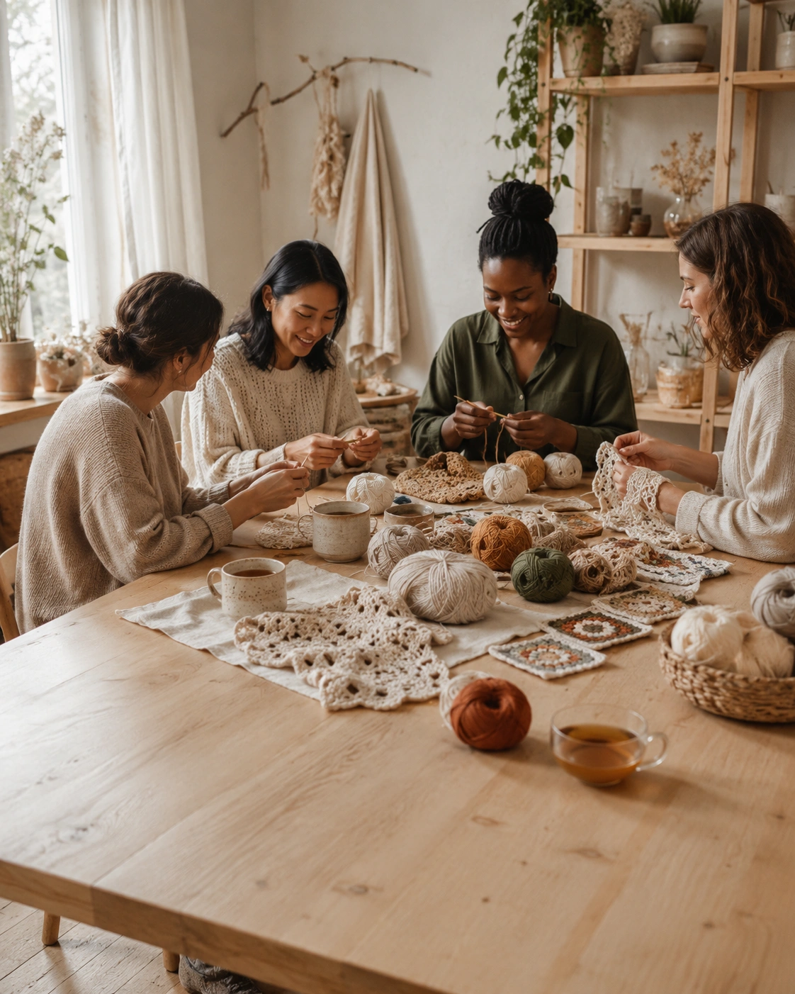 Friends working on crochet project