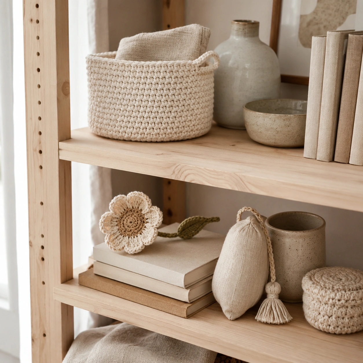 Crochet home décor on shelf