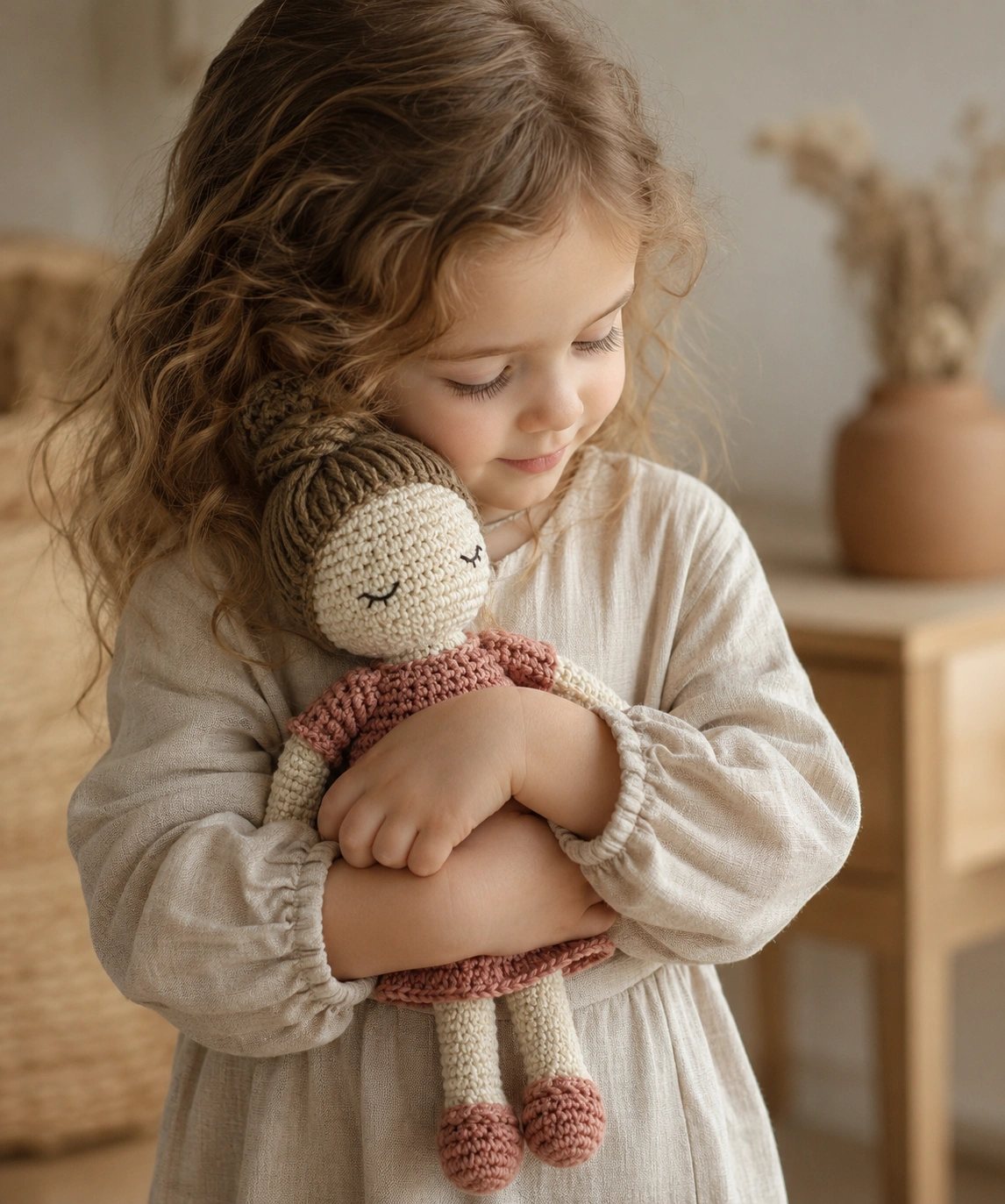 Child holding handmade plush doll