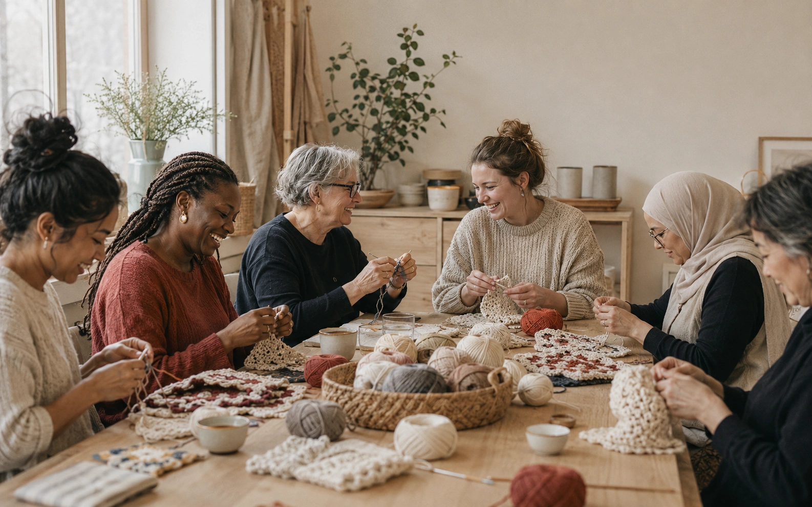 A diverse group of people crocheting together at a wooden table