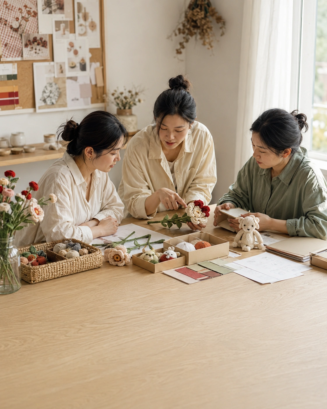 Yes.sister team reviewing handmade products and project notes in a warm studio