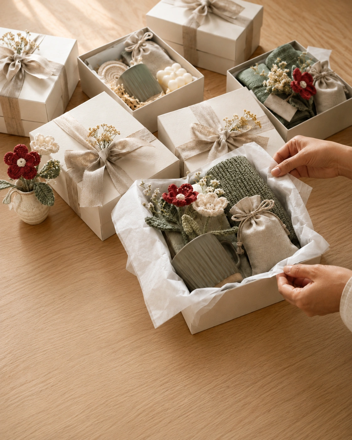 Thoughtfully wrapped handmade corporate gifts on a warm oak table