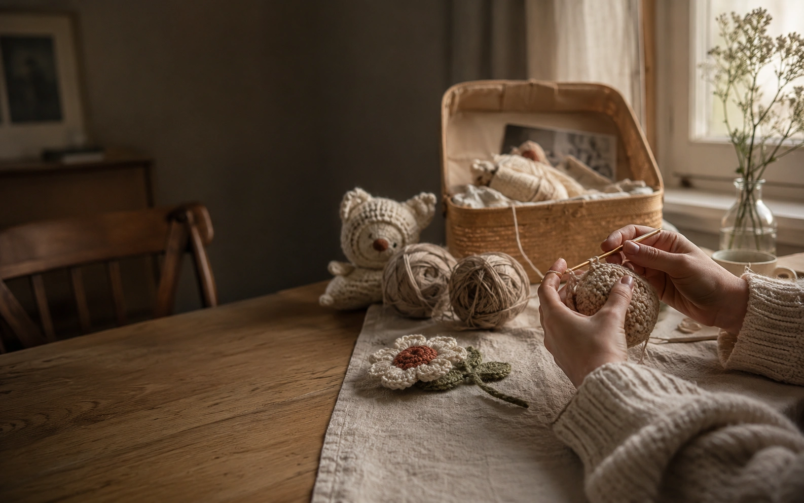 Hands crafting crochet in a warm home setting