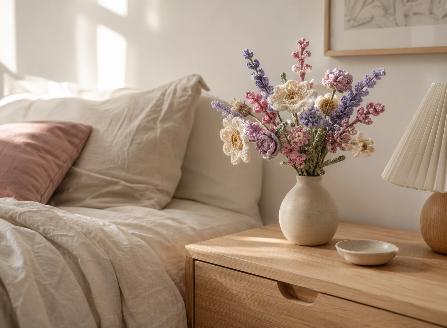 Soft crochet flowers decorating a calm bedroom