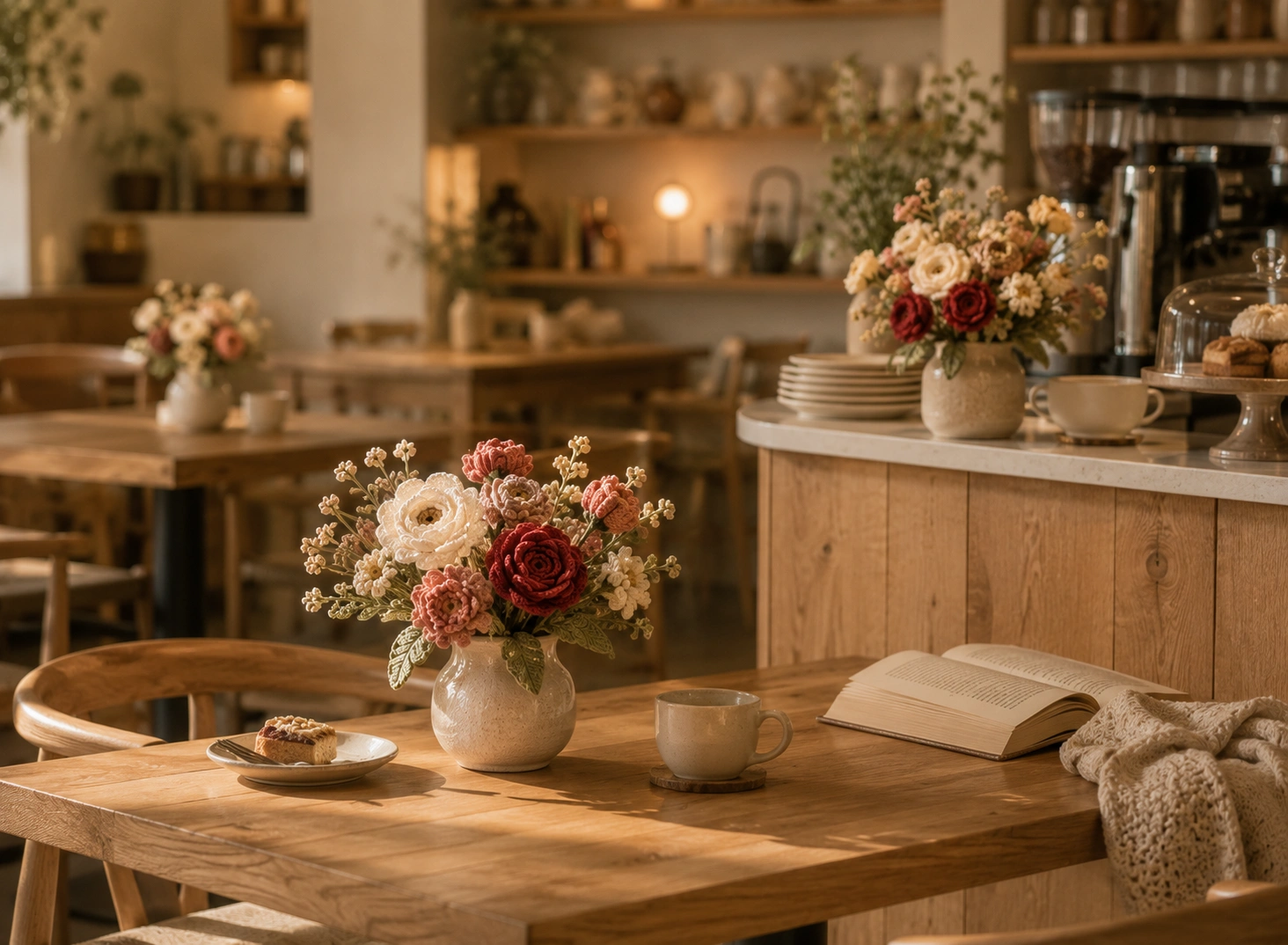 Crochet flowers decorating a cozy café interior