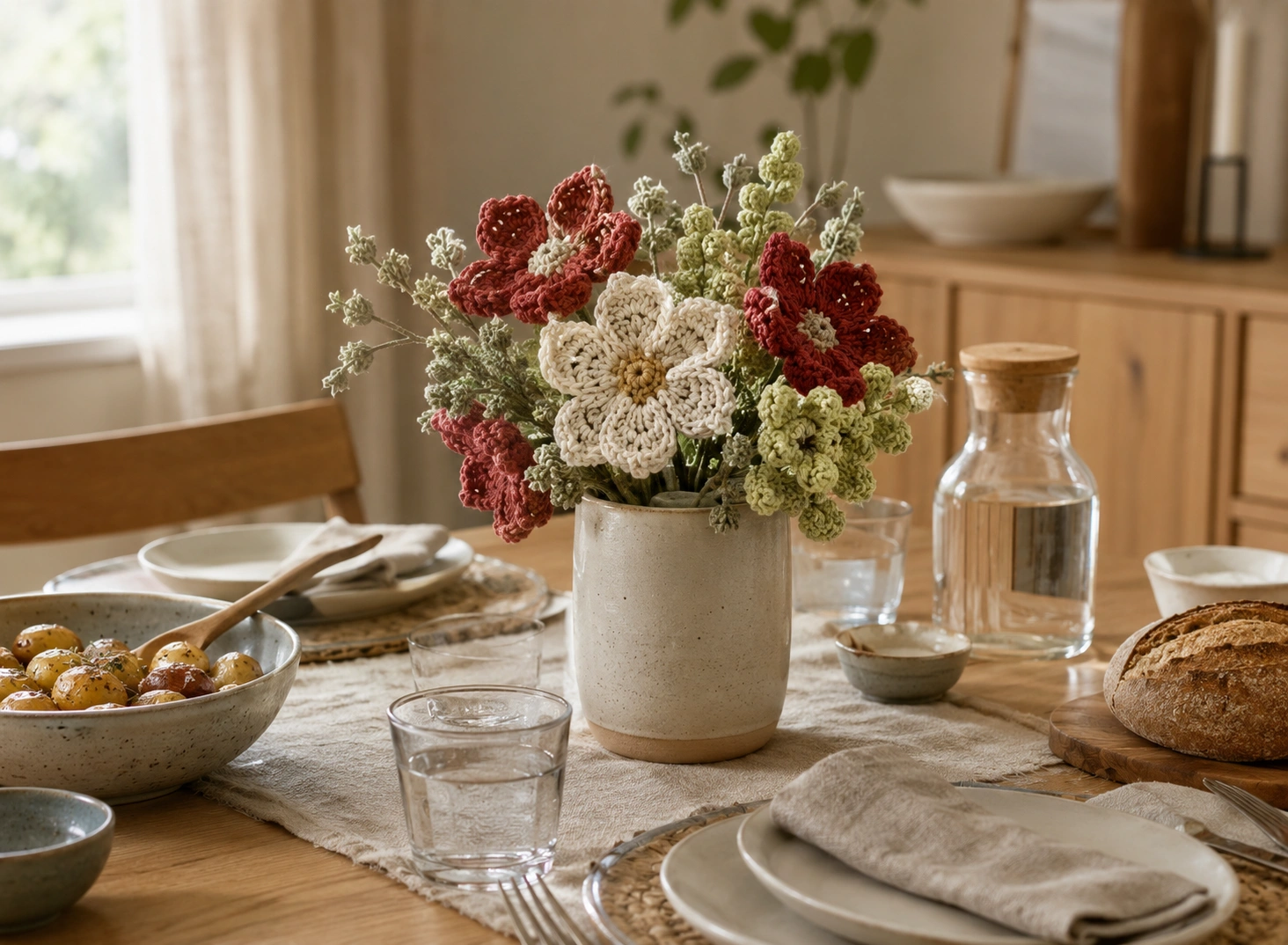 Crochet flower centrepiece on a dining table