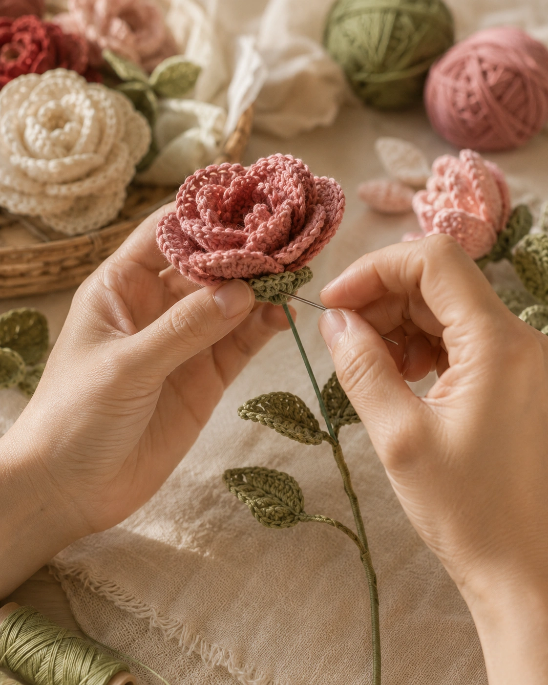 Close-up of handmade crochet flower craftsmanship