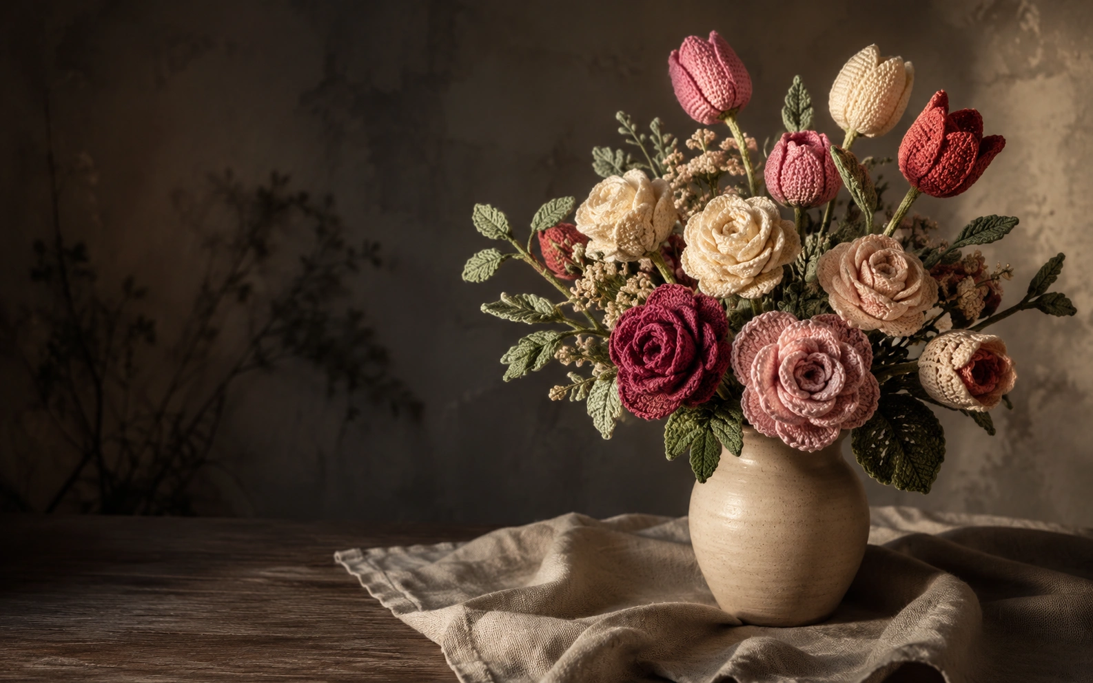 Handmade crochet flower bouquet in warm natural light
