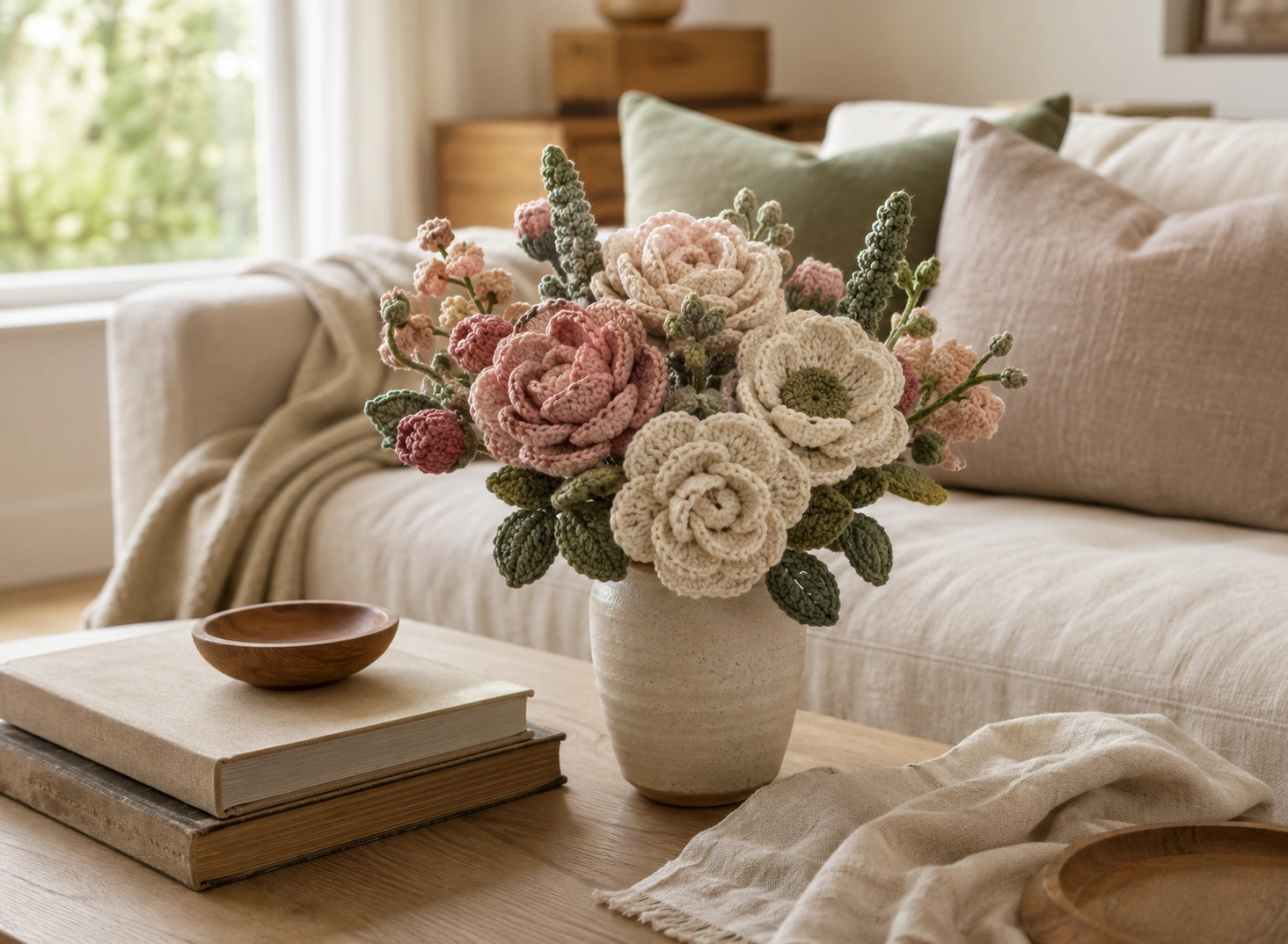 Crochet flowers styled in a Scandinavian living room